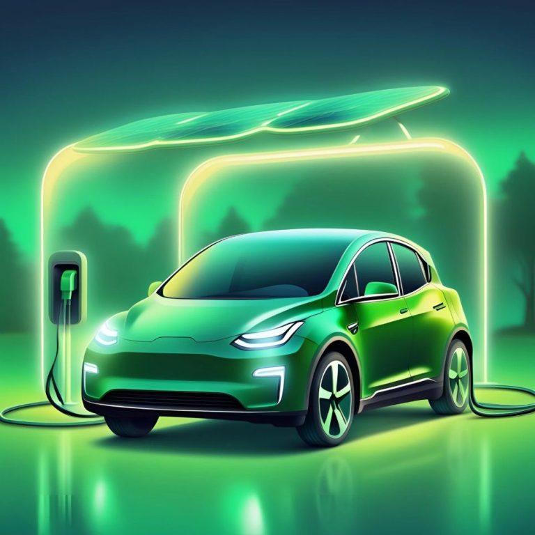 Voiture électrique verte avec un chargeur dans un environnement futuriste et lumineux.